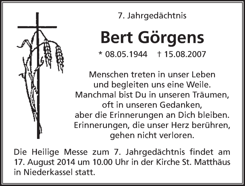  Traueranzeige für Bert Görgens vom 13.08.2014 aus  Extra Blatt 