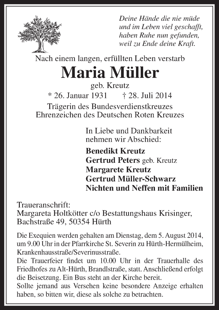  Traueranzeige für Maria Müller vom 02.08.2014 aus  Sonntags-Post 