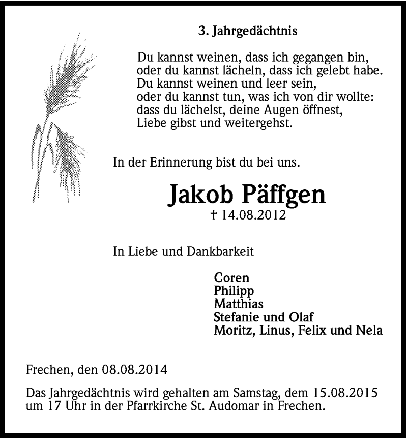  Traueranzeige für Jakob Päffgen vom 08.08.2015 aus Kölner Stadt-Anzeiger / Kölnische Rundschau / Express