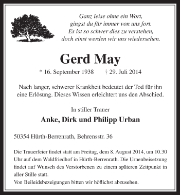 Anzeige von Gerd May von  Wochenende 