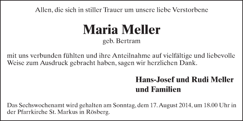  Traueranzeige für Maria Metier vom 06.08.2014 aus  Schlossbote/Werbekurier 