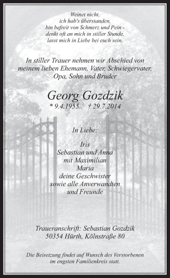 Anzeige von Georg Gozdzik von  Wochenende 