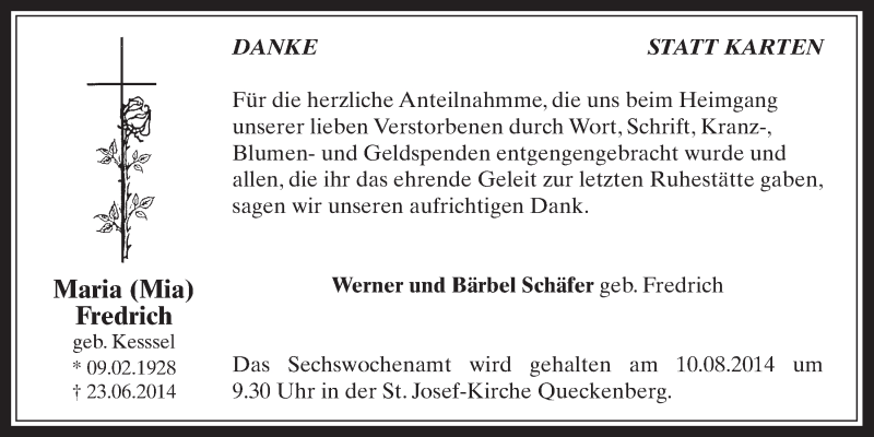  Traueranzeige für Maria Friedrich vom 06.08.2014 aus  Schaufenster/Blickpunkt 