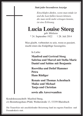 Anzeige von Lucia Louise Steeg von  Schaufenster/Blickpunkt 