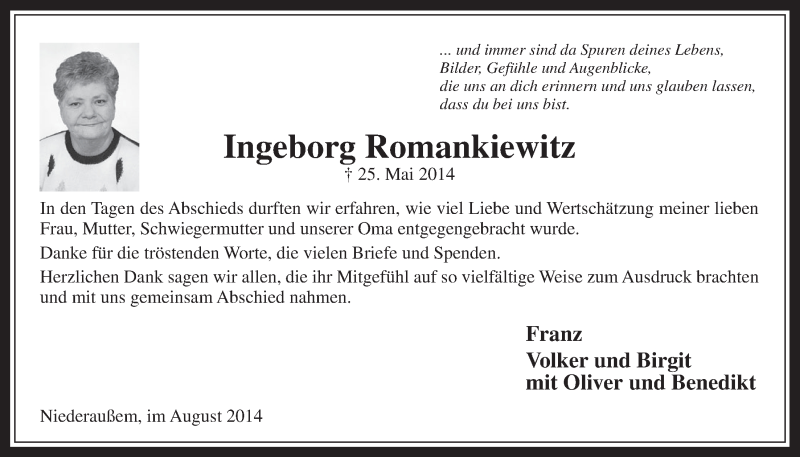  Traueranzeige für Ingeborg Romankiewitz vom 06.08.2014 aus  Werbepost 