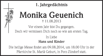 Anzeige von Monika Geuenich von  Kölner Wochenspiegel 