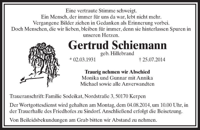  Traueranzeige für Gertrud Schiemann vom 02.08.2014 aus  Sonntags-Post 