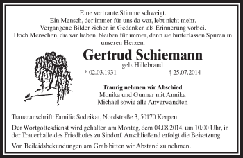 Anzeige von Gertrud Schiemann von  Sonntags-Post 