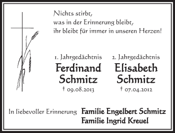 Anzeige von Ferdinand und Elisabeth Schmitz von  Schlossbote/Werbekurier 