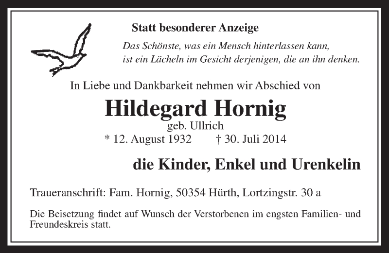  Traueranzeige für Hildegard Hornig vom 06.08.2014 aus  Wochenende 