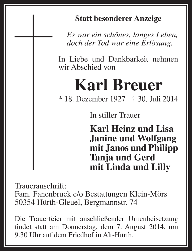  Traueranzeige für Karl Breuer vom 06.08.2014 aus  Wochenende 