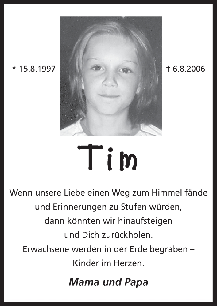  Traueranzeige für Tim  vom 06.08.2014 aus  Werbepost 