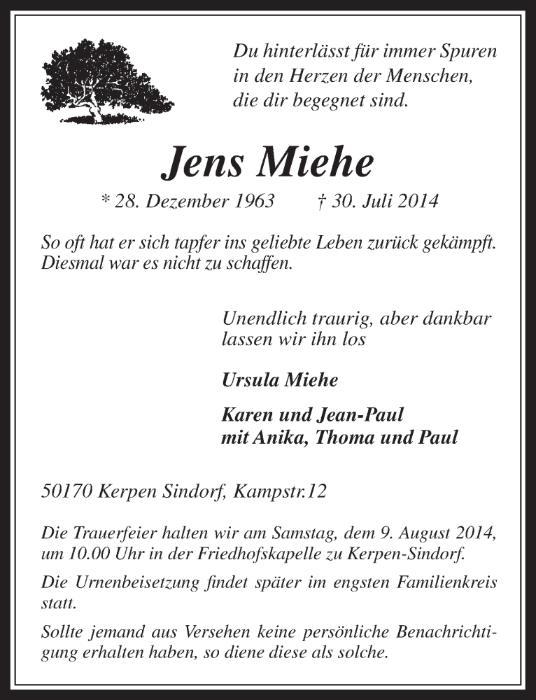  Traueranzeige für Jens Miehe vom 06.08.2014 aus  Werbepost 