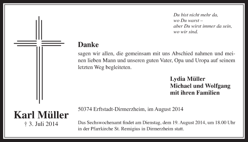  Traueranzeige für Karl Müller vom 13.08.2014 aus  Werbepost 