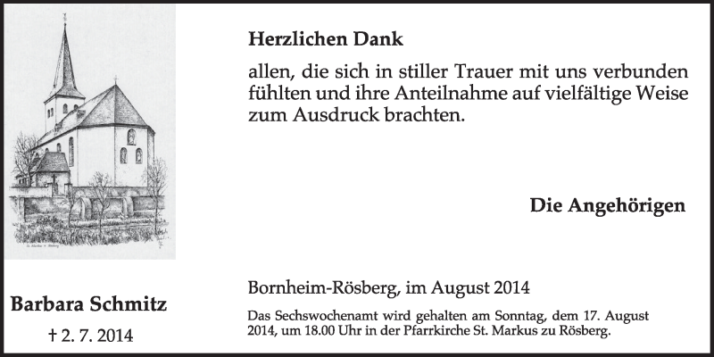  Traueranzeige für Barbara Schmitz vom 06.08.2014 aus  Schlossbote/Werbekurier 