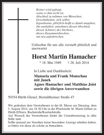 Anzeige von Horst Martin Hamacher von  Sonntags-Post 