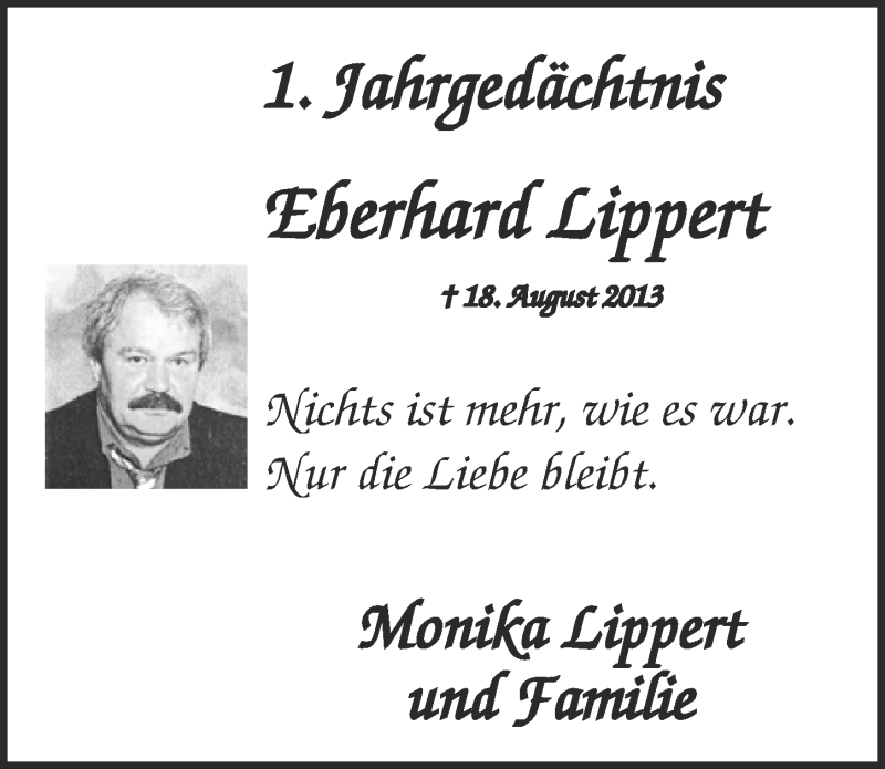  Traueranzeige für Eberhard Lippert vom 20.08.2014 aus  Kölner Wochenspiegel 