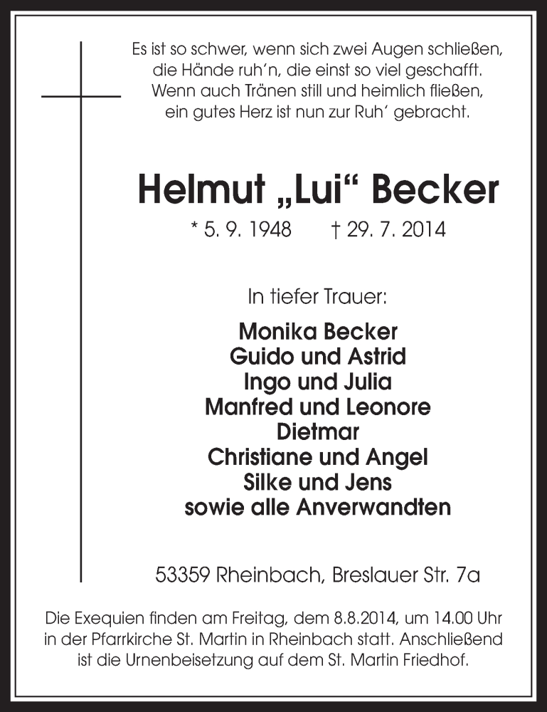  Traueranzeige für Helmut  Becker vom 06.08.2014 aus  Schaufenster/Blickpunkt 