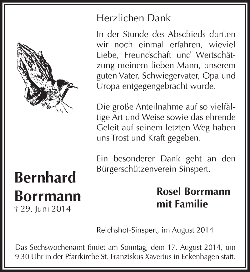  Traueranzeige für Bernhard Borrmann vom 13.08.2014 aus  Anzeigen Echo 