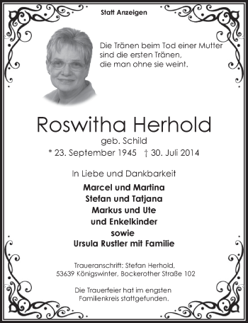 Anzeige von Roswitha Herhold von  Extra Blatt 