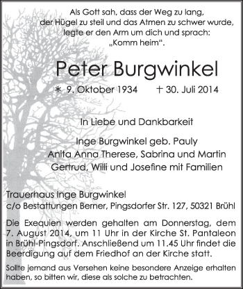 Anzeige von Peter Burgwinkel von  Schlossbote/Werbekurier 