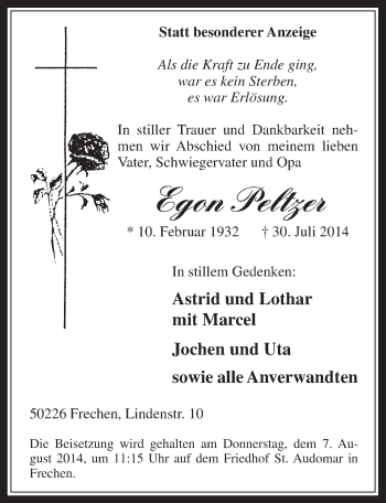 Anzeige von Egon Peltzer von  Wochenende 