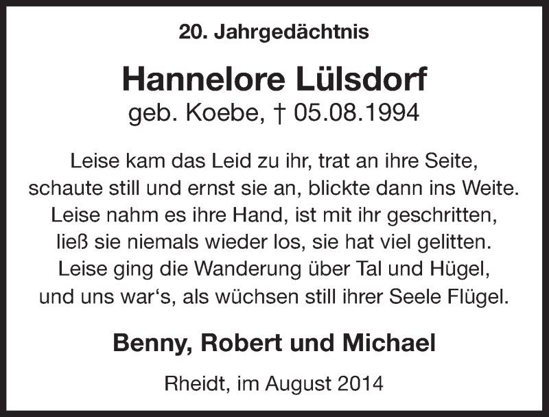  Traueranzeige für Hannelore Lülsdorf vom 06.08.2014 aus  Extra Blatt 