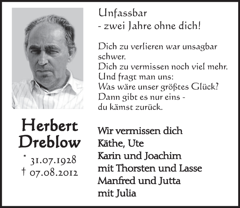  Traueranzeige für Herbert Dreblow vom 06.08.2014 aus  Schlossbote/Werbekurier 