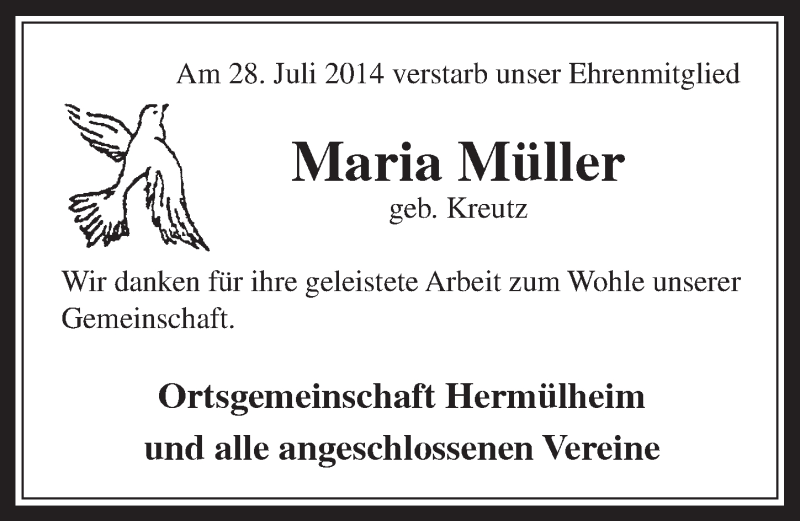  Traueranzeige für Maria Müller vom 06.08.2014 aus  Wochenende 