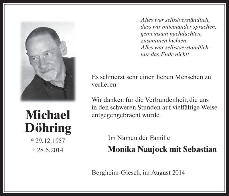  Traueranzeige für Michael Döhring vom 13.08.2014 aus  Werbepost 