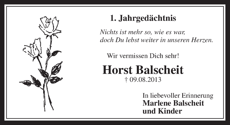  Traueranzeige für Horst Balscheit vom 06.08.2014 aus  Werbepost 
