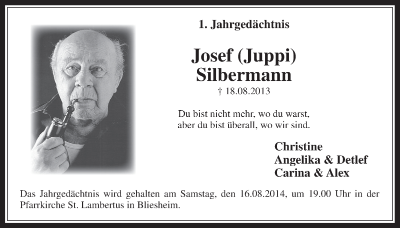  Traueranzeige für Josef Silbermann vom 13.08.2014 aus  Werbepost 