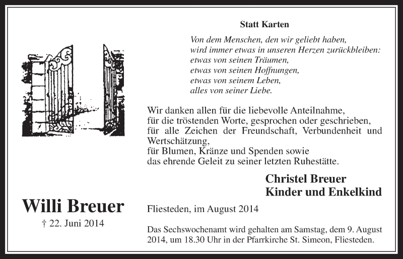  Traueranzeige für Willi Breuer vom 06.08.2014 aus  Werbepost 