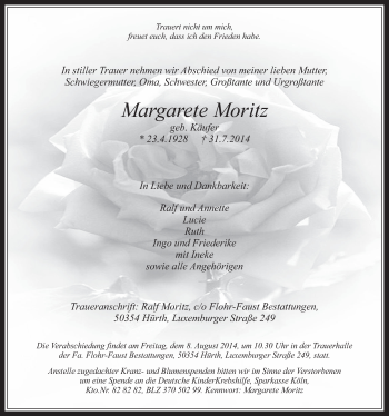 Anzeige von Margarete Moritz von  Wochenende 