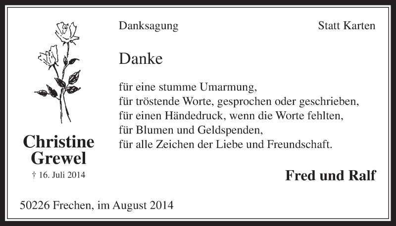  Traueranzeige für Christine Grewel vom 06.08.2014 aus  Wochenende 