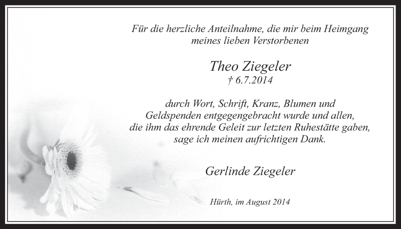  Traueranzeige für Theo Ziegeler vom 06.08.2014 aus  Wochenende 