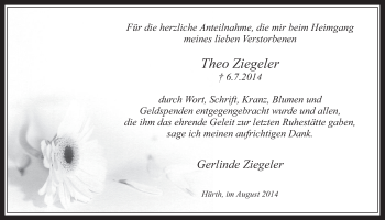 Anzeige von Theo Ziegeler von  Wochenende 