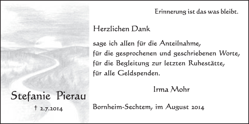  Traueranzeige für Stefanie  Pierau vom 06.08.2014 aus  Schlossbote/Werbekurier 