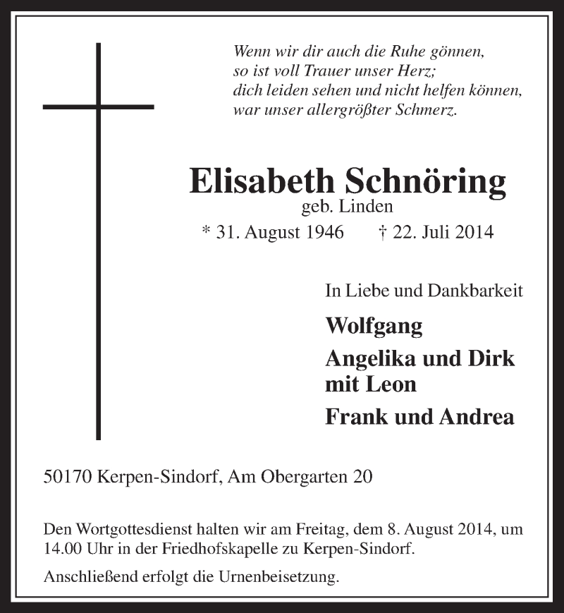  Traueranzeige für Elisabeth Schnöring vom 06.08.2014 aus  Werbepost 