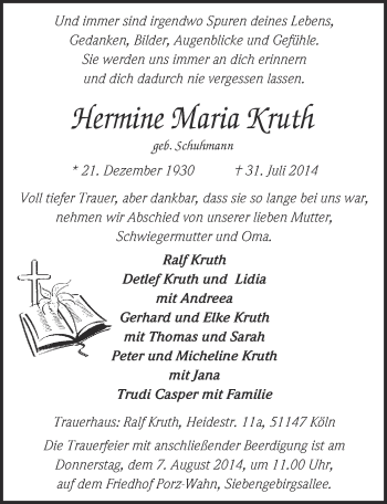 Anzeige von Maria Kruth von  Kölner Wochenspiegel 