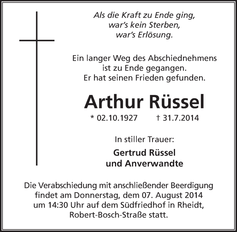 Traueranzeige für Arthur Rüssel vom 06.08.2014 aus  Extra Blatt 