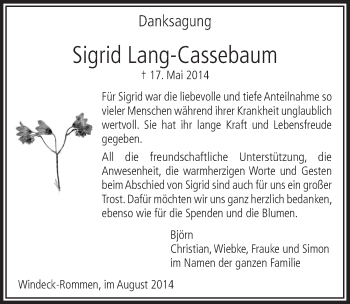 Anzeige von Sigrid Lang-Cassebaum von  Lokalanzeiger 