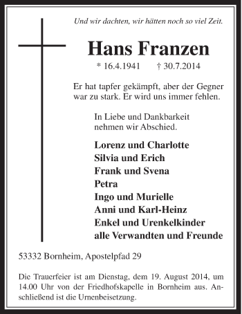 Anzeige von Hans Franzen von  Schaufenster/Blickpunkt 