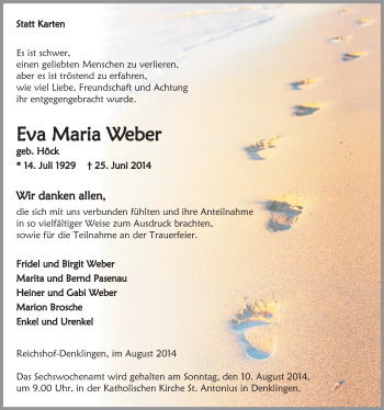 Anzeige von Eva Maria Weber von  Anzeigen Echo  Lokalanzeiger 