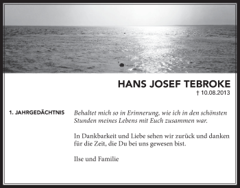 Anzeige von Hans Josef Tebroke von  Wochenende 