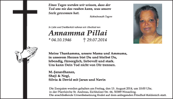 Anzeige von Annamma Pillai von  Schlossbote/Werbekurier 