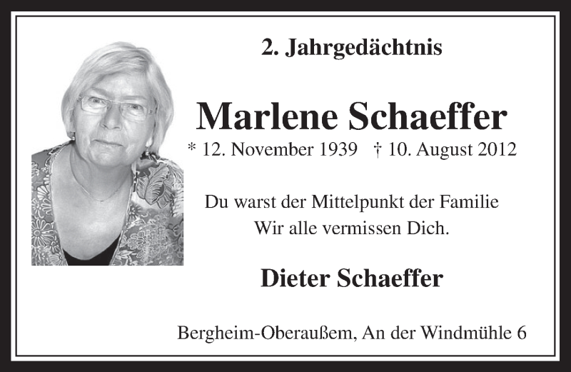 Traueranzeige für Marlene Schaeffer vom 06.08.2014 aus  Werbepost 