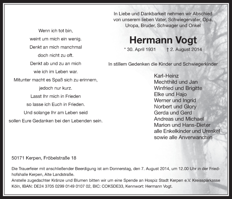  Traueranzeige für Hermann Vogt vom 06.08.2014 aus  Werbepost 