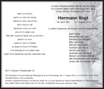 Anzeige von Hermann Vogt von  Werbepost 