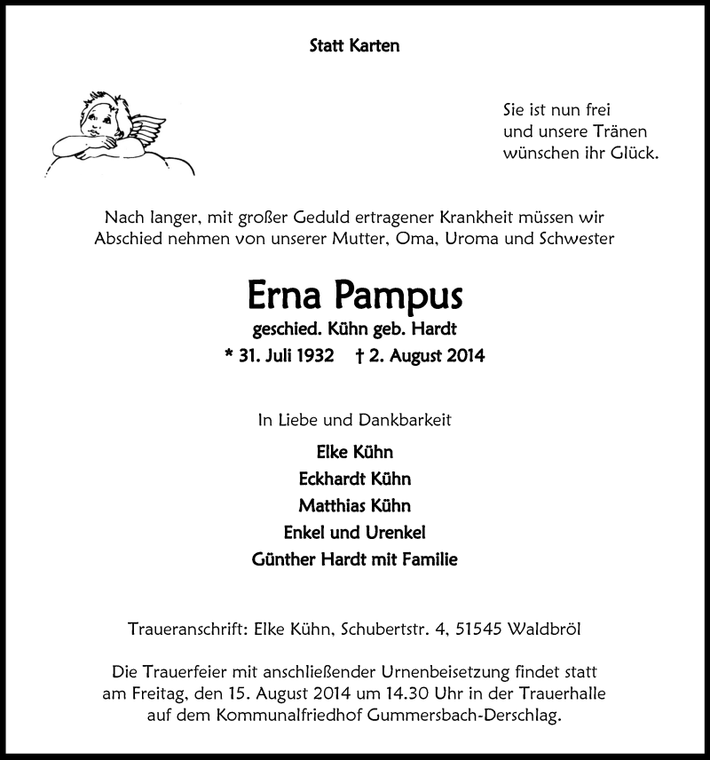  Traueranzeige für Erna Pampus vom 06.08.2014 aus  Anzeigen Echo  Lokalanzeiger 